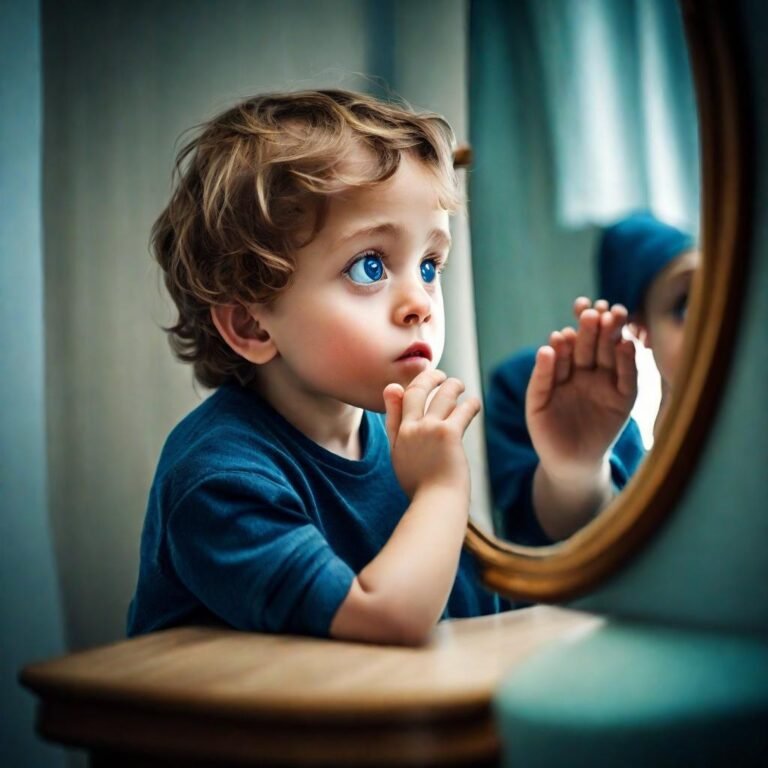 Child staring in the mirror
